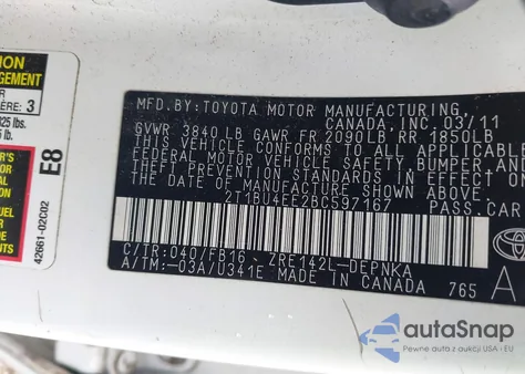 2011 Toyota Corolla Le из США, поврежденный, VIN 2T1BU4EE2BC597167